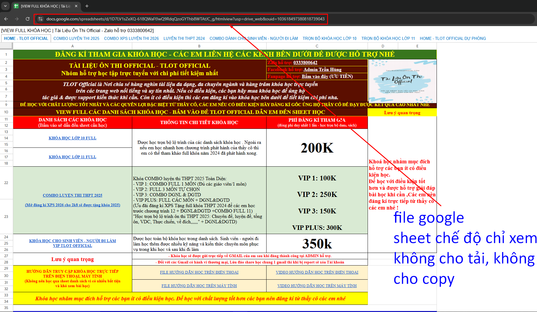 FILE GOOGLE SHEET CHẾ ĐỘ CHỈ XEM