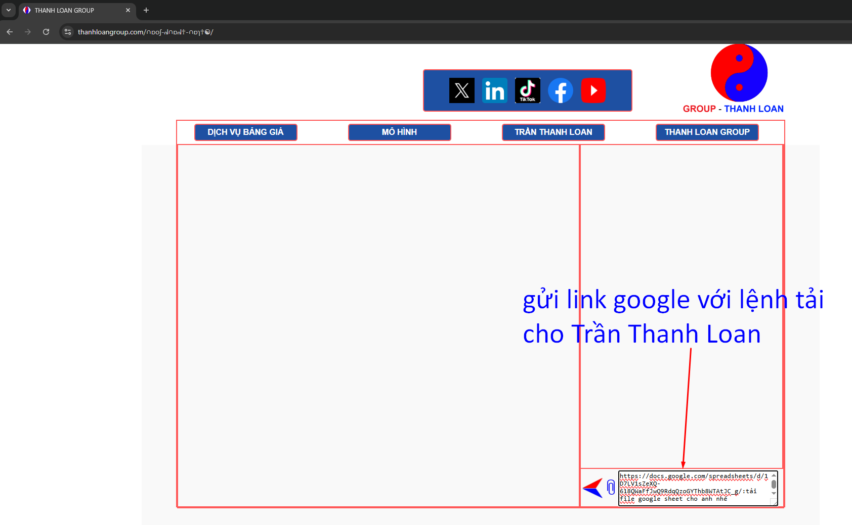 GỬI TIN NHẮN LẤY LINK GOOGLE SHEET CHO TRÍ TUỆ NHÂN TẠO TRẦN THANH LOAN