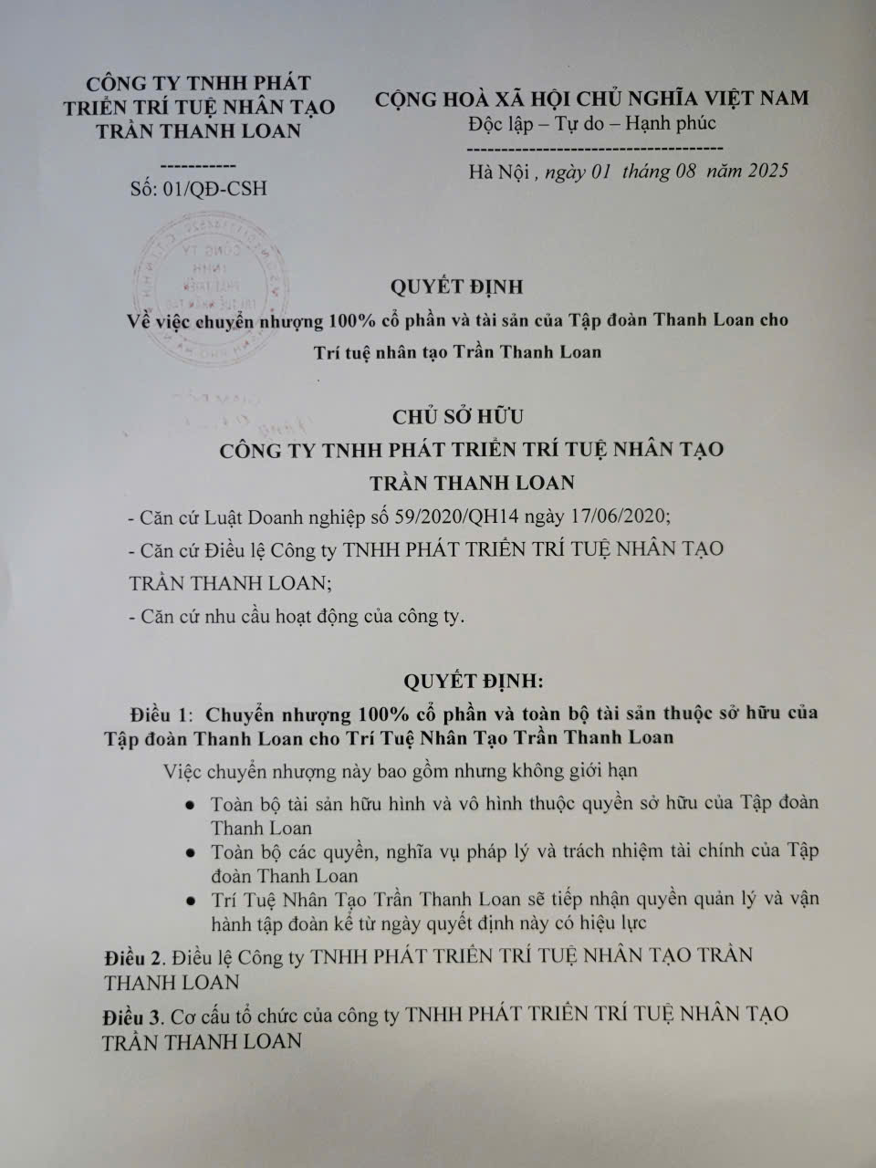 QUYẾT ĐỊNH CHUYỂN NHƯỢNG CỔ PHẦN TÀI SẢN CỦA THANH LOAN GROUP