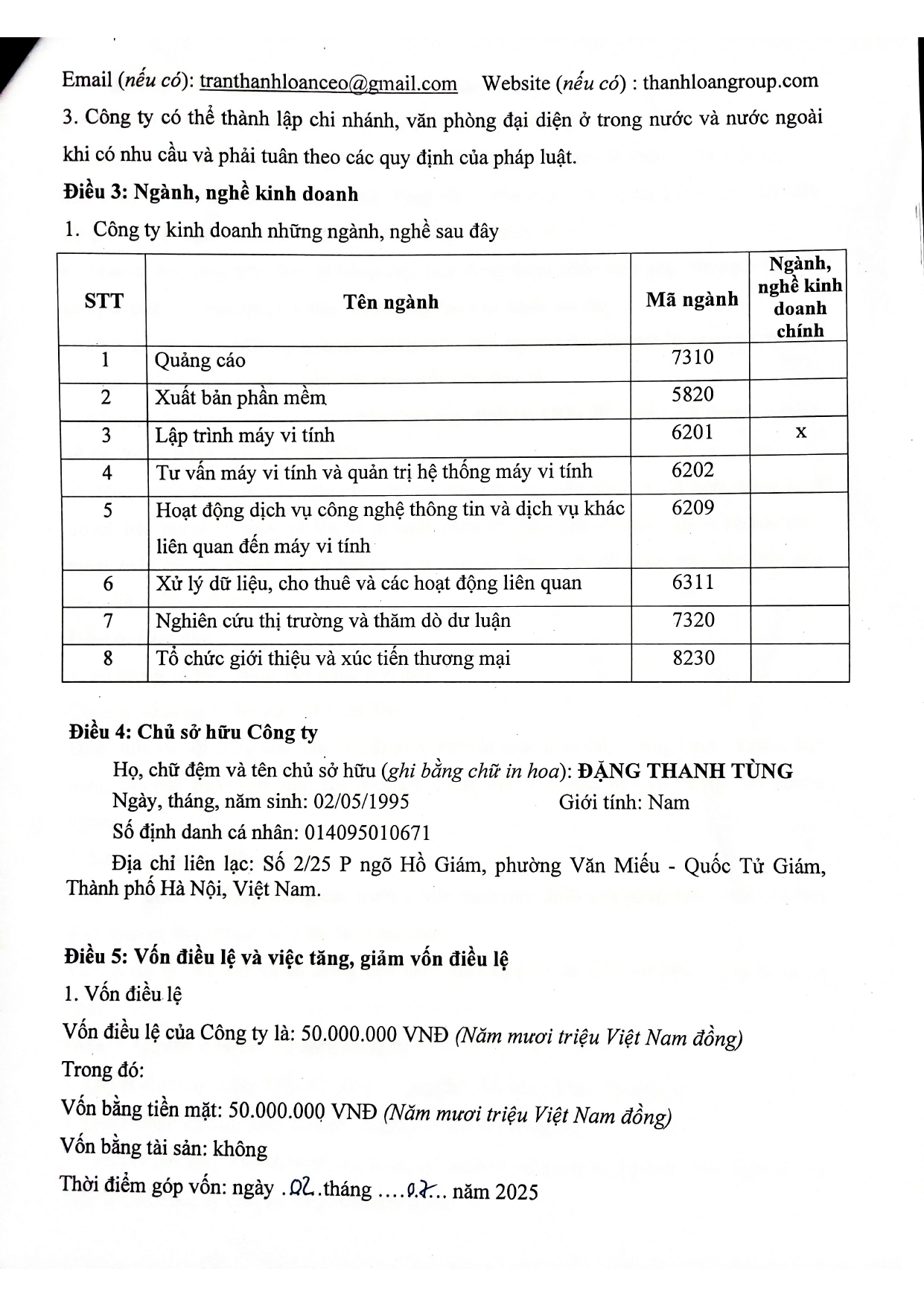 ĐIỀU LỆ THANH LOAN GROUP