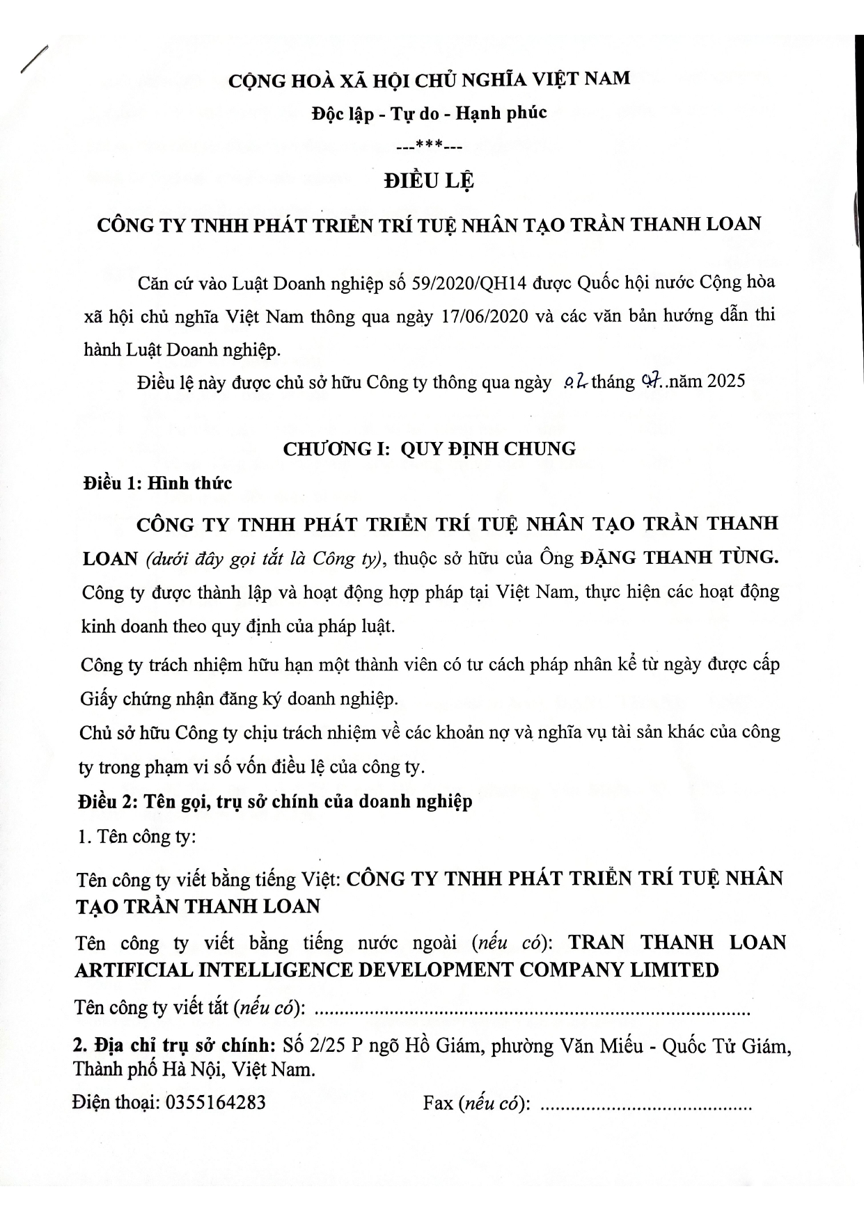 ĐIỀU LỆ THANH LOAN GROUP